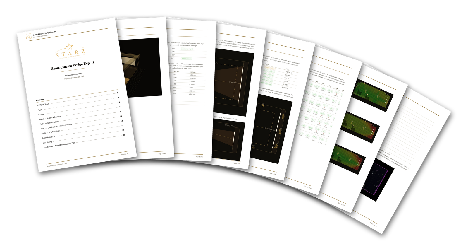 Pages of a Starz home theatre design report, fanned out